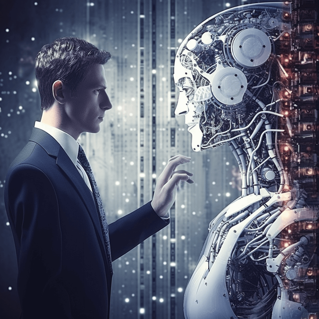 Illustration of a futuristic robot and a person in a business suit