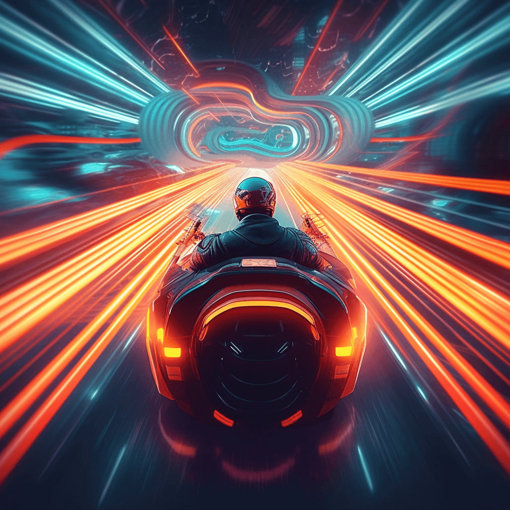 Futuristic illustration of a car and driver in a light tunnel